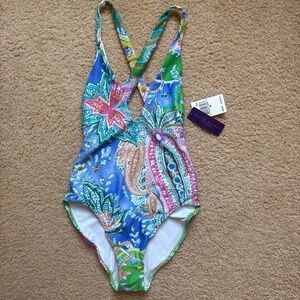 NWT Ralph Lauren Collection Purple Label One Piece Paisley Deep V Swimsuit sz 4
